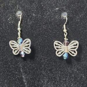 Silver Tone Dangling Butterfly Earrings With Beads